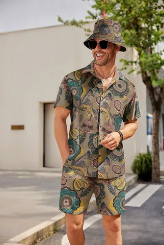 Miniatura 2 de COOFANDY Conjunto de camisa hawaiana y pantalón corto para hombre, traje de playa de 2 piezas con sombreros de pescador