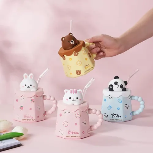Miniatura 9 de Taza GawmFoiuy Mark con pajita, taza de cerámica con estampado de animales, 414 ml, tazas de café y té kawaii, tazas de animales divertidas, taza