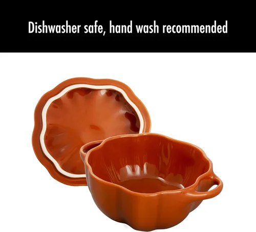 Miniatura 11 de STAUB Calabaza Pequeña de Cerámica de 0.75 cuartos, Segura para Horno y Estufa hasta 572°F, Plato de Calabaza, Horneado Color Naranja Caramelo
