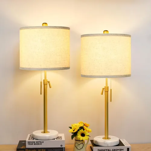 Qingmiao Juego de 2 lámparas de mesa para dormitorio, 22 a 30 pulgadas de altura ajustable con pantalla de lino, interruptor de cadena de tracción