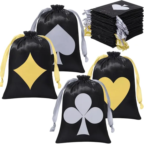 SilTriangle 24 bolsas de regalo de fiesta de casino, decoraciones de fiesta temática de casino con cordón de Las Vegas, bolsas de póquer de satén
