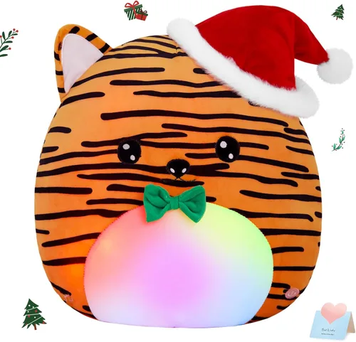 Almohada de felpa de tigre de Navidad iluminada de 12 pulgadas, con animales de peluche de tigres musicales con luz LED nocturna, decoración de