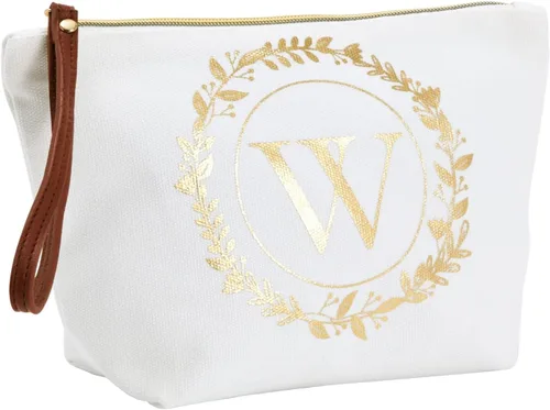 Miniatura 14 de Bolsa de maquillaje personalizada con inicial dorada para mujer, bolsa de cosméticos de lona con monograma, color blanco, Blanco, Dorado, B