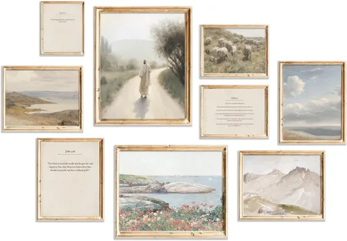 TWNSLLA Juego de Arte de Pared Cristiano de 9 Piezas, Decoración de Pared con Versículos Clásicos de la Biblia, Cuadros Rústicos de Paisajes
