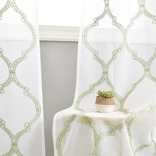 Miniatura 3 de DWCN - Cortinas traslúcidas verde salvia de lino sintético con diseño marroquí bordado - Cortinas de lino sintético semi voile para dormitorio
