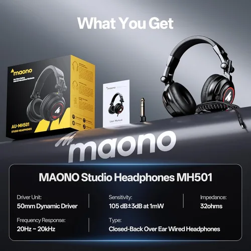 Miniatura 9 de MAONO Auriculares de estudio con controladores de 50 mm Pro Monitor de estudio, MH501 Auriculares cerrados con cable no desmontable para grabación