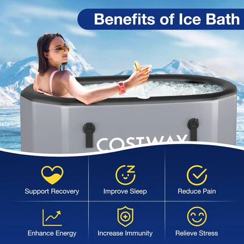 Miniatura 2 de COSTWAY XL - Bañera de hielo ovalada de 129 galones con tapa, bañera inflable portátil para exteriores con mochila, bomba, para frío y terapia, Gris