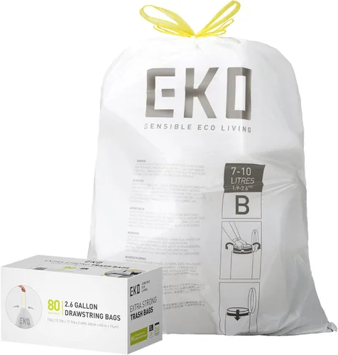 Miniatura 24 de EKO 4 galones / 10-15 litros, 80 bolsas de basura pequeñas con cordón, bolsas de basura extrafuertes sin perfume, rollo fácil de dispensar