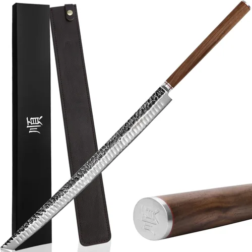 YOUSUNLONG Cuchillo Sakimaru de 23 pulgadas Ultra Yanagiba - Hoja de Acero Damasco Martillado Japonés - Rebanador de Chef Adecuado para Cortar Atún