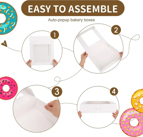 Miniatura 3 de Moretoes 25 cajas para tartas, cajas de panadería blancas de 12 x 12 x 2.5 pulgadas con ventana, cajas de galletas emergentes automáticas