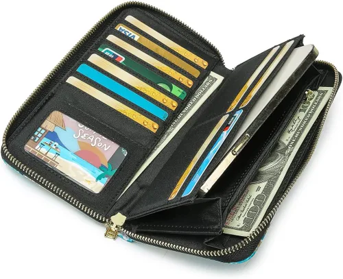 Miniatura 114 de Cartera de mano para mujer, estilo bohemio, con RFID, elegante, espaciosa con correa para viajes, capacidad para tarjetas, teléfono, dinero