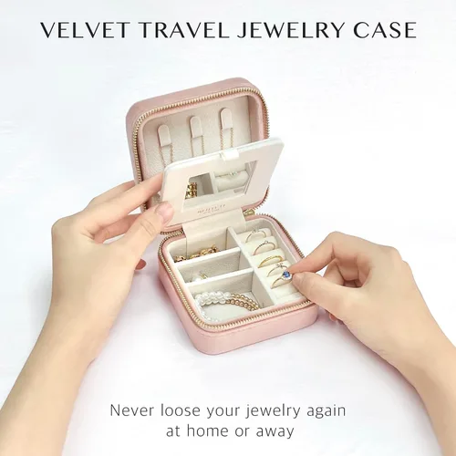 Miniatura 13 de BLUTETE Joyero de viaje organizador de terciopelo con anillos de espejo, aretes, collares, caja organizadora de almacenamiento (negro)