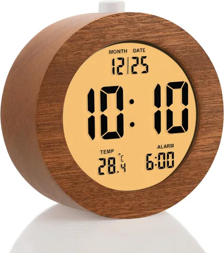 Miniatura 12 de Plumeet Reloj Despertador Digital de Madera para Dormitorios, Reloj Despertador de Madera de 4'' a Batería con Repetición y Luz Nocturna, Reloj