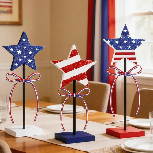 Miniatura 3 de 3PCS 4th of July Table Decorations, 4th of July Decorations for Table, Double Sided Printing Design Rustic Patriotic Decorations, Red White and Blue