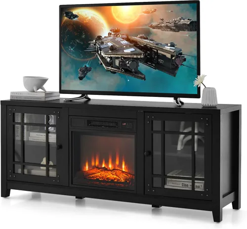GOFLAME Soporte de TV con chimenea de 58 pulgadas para televisores de hasta 65 pulgadas, consola de TV de madera con chimenea eléctrica de 18