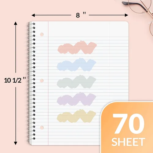 Miniatura 2 de SUNEE Cuadernos en espiral, paquete de 24, 1 materia, papel rayado universitario, 8 x 10-1/2 pulgadas, 70 hojas por cuaderno, cuadernos en espiral