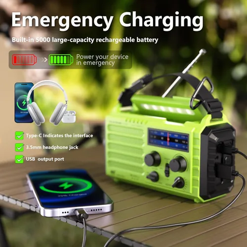 Miniatura 3 de Mesqool Radio de emergencia alimentada por 5 vías, 5000 mAh/18500 mWh, manivela solar de supervivencia, portátil, radio meteorológica NOAA/AM/FM/SW