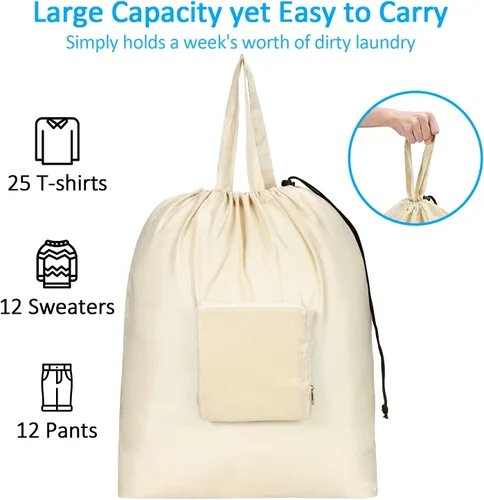 Miniatura 5 de GOGOODA Bolsas de lavandería de viaje con cierre de cordón XL grandes plegables, bolsas para ropa sucia con asa, resistentes y lavables para Beige
