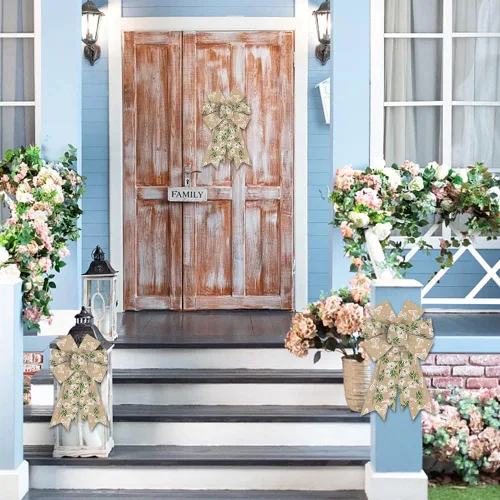 Miniatura 5 de Hying 2 lazos de flores de otoño para corona, corona de arpillera natural, lazo floral de mariposa para casa de campo, lazos para puerta delantera