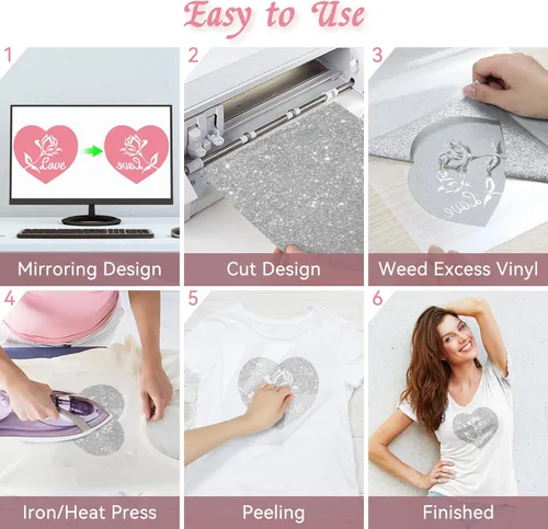 Miniatura 2 de Vinilo de transferencia de calor con purpurina plateada HTV, paquete de 14 vinilos termoadhesivos de 12 x 10 pulgadas para Cricut, decoraciones