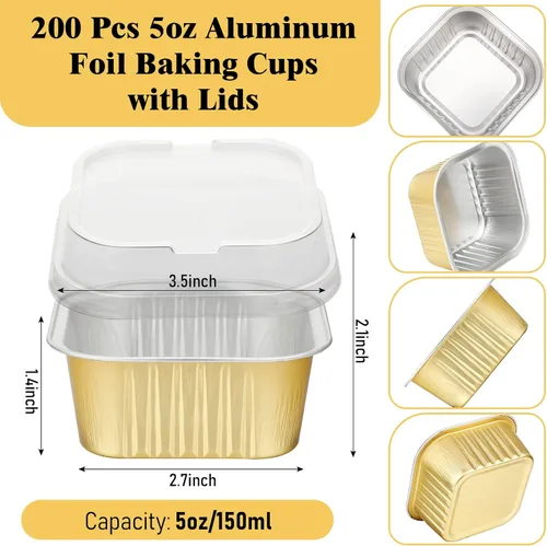 Miniatura 3 de 200 tazas de papel de aluminio para hornear de 5 onzas con tapas, recipientes de papel de aluminio de 5.1 fl oz para cupcakes, moldes desechables