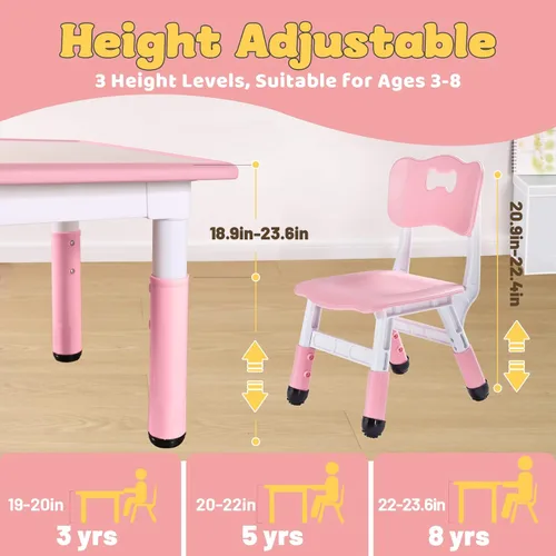 Miniatura 3 de FUNLIO - Juego de mesa y 2 sillas para niños, juego de mesa y silla ajustables en altura para niños de 3 a 8 años, mesa fácil de limpiar para Rosa