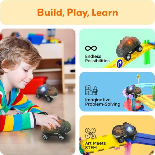 Miniatura 4 de PicassoTiles 2 piezas de camiones de pista de carreras Swift altamente detallados con dinosaurios en paquete al por mayor. Compatibles con kits