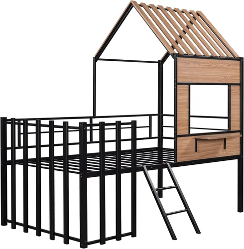 Miniatura 6 de Harper & Bright Designs Cama tipo loft con techo y escalera integrada, cama alta de metal tamaño individual con ventana y valla de seguridad