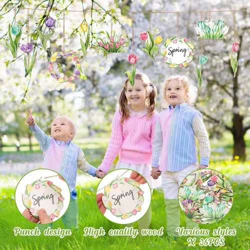 Miniatura 4 de Wenqik 36 adornos de primavera para árbol, flor de primavera, tulipán, decoraciones de bosque, decoraciones de árbol de Pascua, letrero colgante