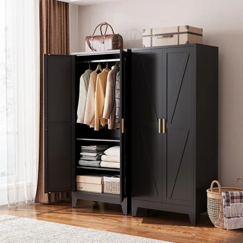 Miniatura 9 de COFaR Armario moderno de metal negro, armario de acero de 71 pulgadas de alto con cajón, barra para colgar y estante ajustable, armario