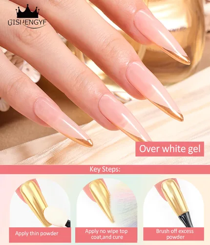 Miniatura 7 de Polvo de uñas 100% cromado BISHENGYF: Polvo cromado de efecto metálico súper NO.1 para uñas Oro Plata Blanco Laser Holográfico Blanco Perla Cromo A