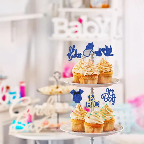 Miniatura 6 de 24 piezas de decoración para cupcakes de baby shower Oh Baby con moño, botella para niño, azul profundo, purpurina para pasteles, decoraciones