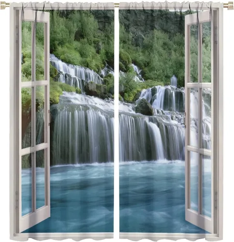 Miniatura 83 de Cortina opaca de bosque de verano, diseño de ramas de bosque, con bolsillo para barra, cortinas farbic con bolsillo para barra, comedor, cafetería