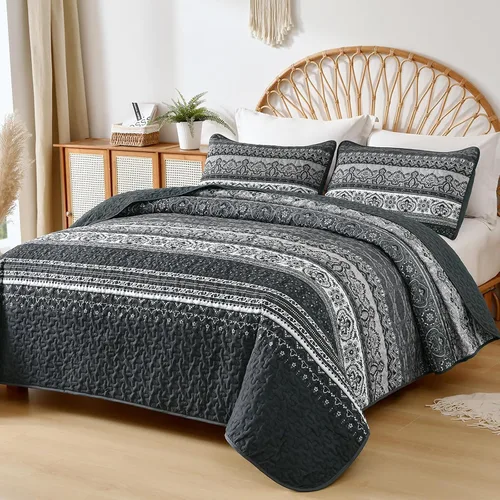 Miniatura 2 de WONGS BEDDING Juego de edredón bohemio tamaño Queen, juego de ropa de cama bohemio negro, colcha ligera para decoración de cama para todas
