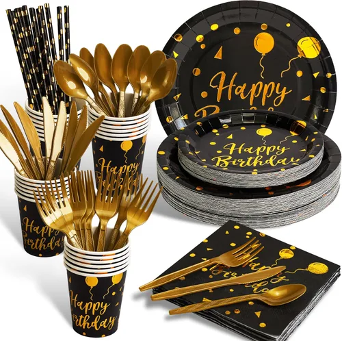 Miniatura 8 de 200 piezas de suministros para fiesta de cumpleaños blancos y dorados, juego de vajilla desechable para feliz cumpleaños, tenedores, cuchillos
