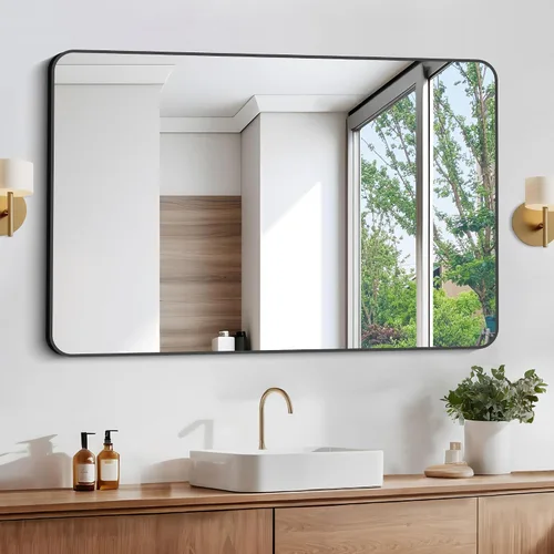 Miniatura 45 de Espejo de baño de 18 x 24 pulgadas con marco de metal negro rectangular, espejo de tocador rectangular de esquinas redondeadas, espejo de pared