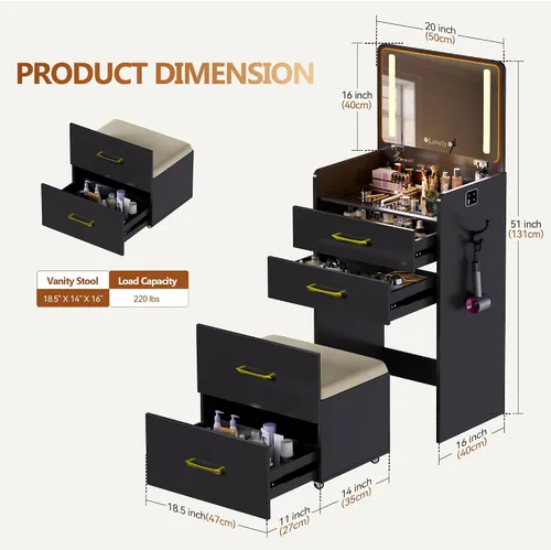 Miniatura 6 de Escritorio de tocador 3 en 1 con espejo abatible y luces, mesa de tocador de maquillaje con parte superior de vidrio con estación de carga, tocador
