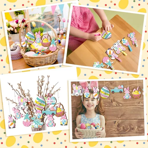 Miniatura 5 de Chunful 30 adornos de Pascua para árbol, feliz Pascua, adornos colgantes de madera, huevos de primavera pastel, zanahoria, conejo, cesta de árbol