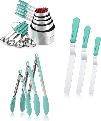 U-Taste Juego de 10 pinzas de cocina de silicona resistentes al calor de 600 °F, taza medidora de acero inoxidable 18/8 y cuchara, juego de 10
