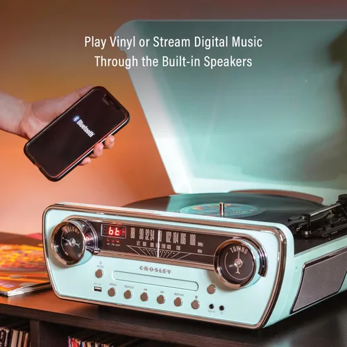 Miniatura 3 de Crosley CR6047A-AB Powel 7-en-1 Tocadiscos Bluetooth con entrada/salida de vinilo, radio AM/FM, reproductor de CD y entrada auxiliar, Azul Aqua