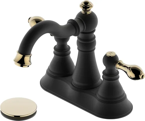 Miniatura 17 de Llave de baño de latón pulido de dos asas de 3 agujeros con conjunto de drenaje emergente, llave de lavamanos clásico de 4 pulgadas con caño