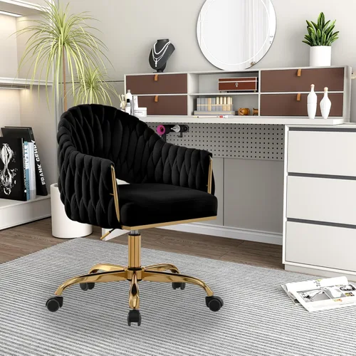 Miniatura 2 de Bonita silla de tocador con detalles de concha: silla giratoria ajustable y cómoda tapizada para oficina en casa, silla de maquillaje con brazos Oro