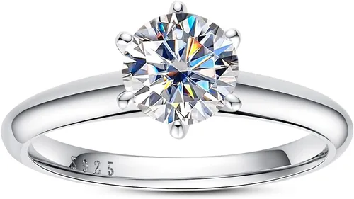 Anillo de moissanita, 0.511.522.53 quilates redondo de corte brillante de moissanita, anillo de compromiso solitario de seis puntas, chapado en oro,