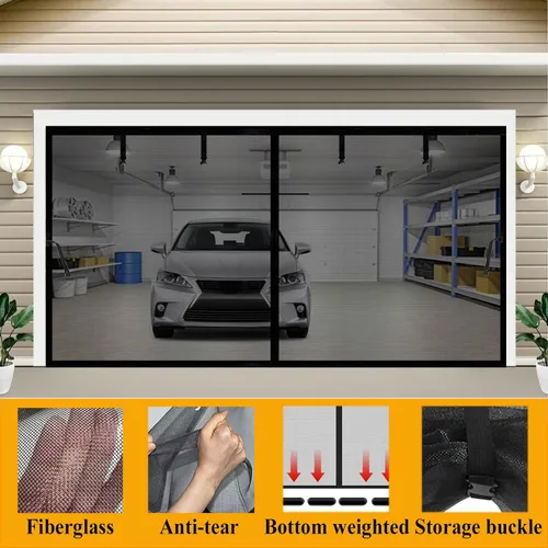 Miniatura 3 de Pantalla magnética para puerta de garaje de 10 x 9 pies para 1 automóvil, cortinas de red manos libres, cierre de puerta retráctil de fibra
