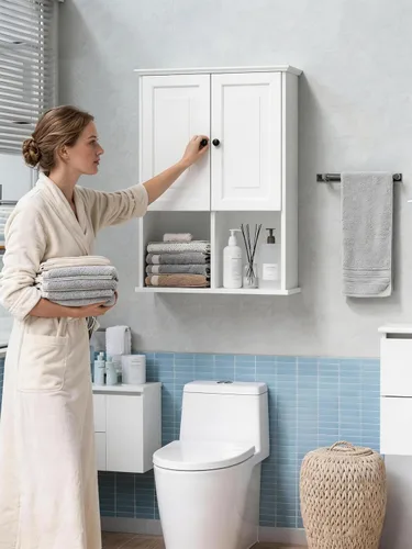 Miniatura 2 de HAIOOU Armario de pared de baño con luz LED con sensor de movimiento, armario de madera para medicamentos, armario de almacenamiento sobre inodoro