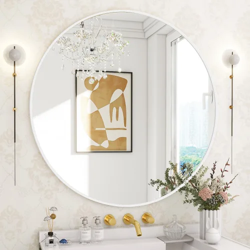 Miniatura 23 de BEAUTYPEAK Espejo redondo de 20 pulgadas, espejo circular con marco de metal, montado en la pared para entrada, baño, tocador, sala de estar, negro