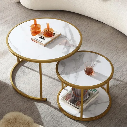 Miniatura 10 de Juego de 2 mesas auxiliares anidables, mesas auxiliares apilables rústicas, modernas mesas redondas de madera con patrón de mármol para sala