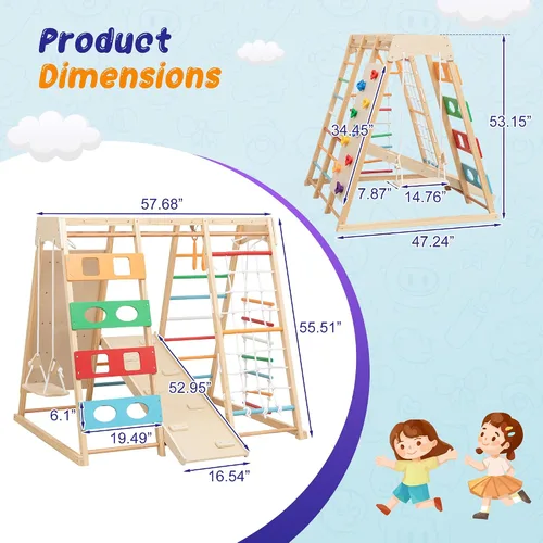Miniatura 4 de Juego de gimnasio y parque infantil 9 en 1, juguete de escalada de madera con tobogán, columpio, red de escalada, anillos – Juego para niños