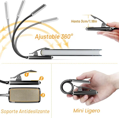 Miniatura 5 de Gritin Luz de Lectura Recargable de 9 LED para Leer en la Cama - Cuidado de los Ojos 3 Temperaturas de Color, Brillo de Atenuación Continua, 80