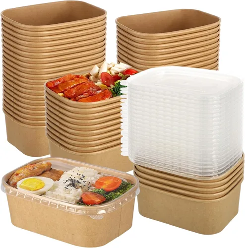 Miniatura 8 de Paquete de 50 cuencos desechables de papel kraft de 17 onzas con tapas, recipientes rectangulares de preparación de comidas a granel, ensaladera